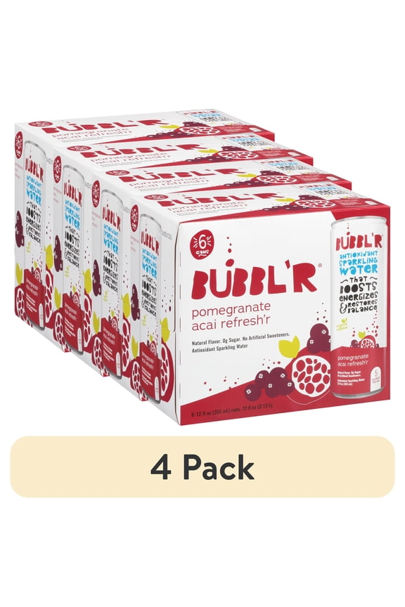 (4 pack) BUBBL'R Antioxidant Sparkling Water, Pomegranate Acai Refresh'r, 12 fl oz, 6 Pack Cans