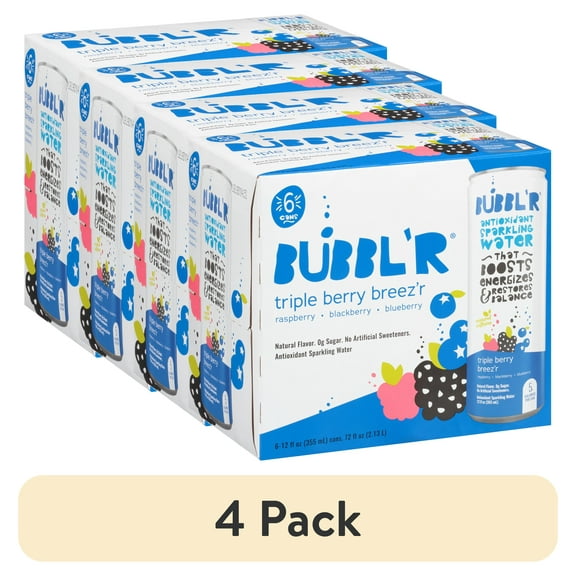 (4 pack) BUBBL'R Antioxidant Sparkling Water, Triple Berry Breez'r, 12 fl oz, 6 Pack Cans