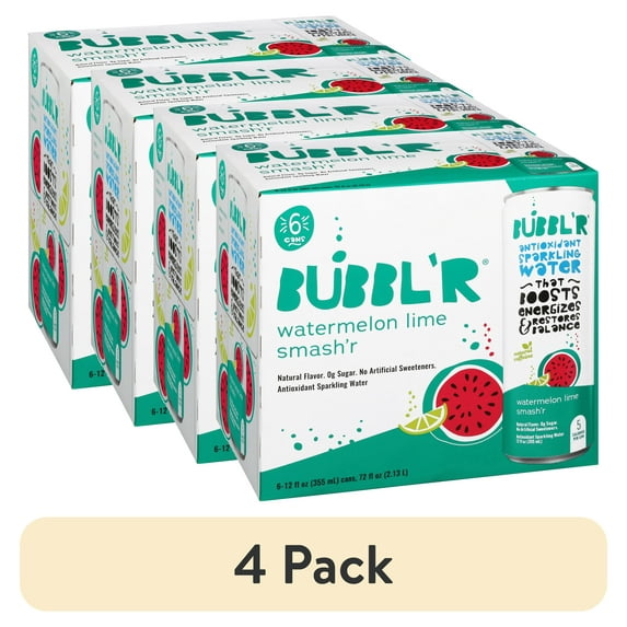 (4 pack) BUBBL'R Antioxidant Sparkling Water, Watermelon Lime Smash'r, 12 fl oz, 6 Pack Cans