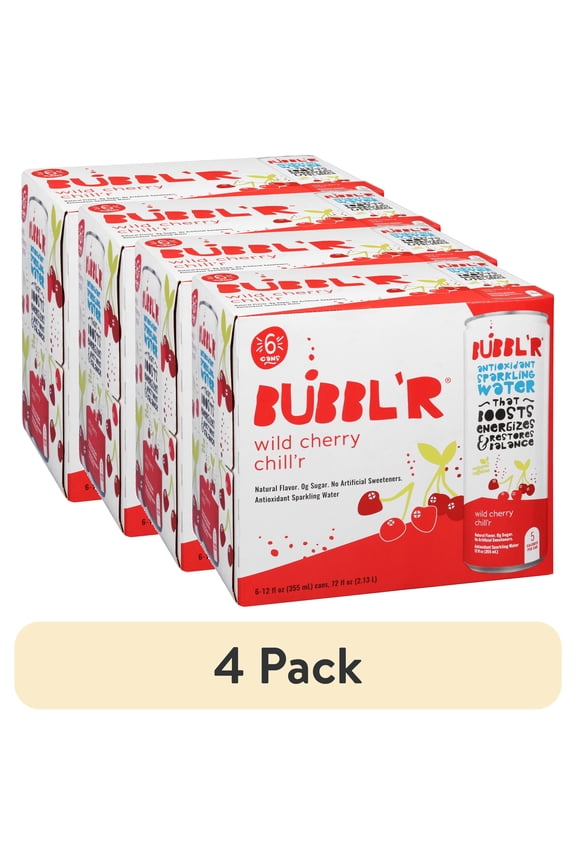 (4 pack) BUBBL'R Antioxidant Sparkling Water, Wild Cherry Chill'r, 12 fl oz, 6 Pack Cans