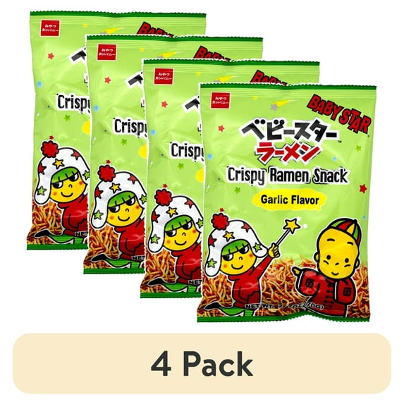 (4 pack) Baby Star Crispy Ramen Snack Garlic, 2.47 oz. Bag, Contains Wheat and Soy, Container Material: Plastic