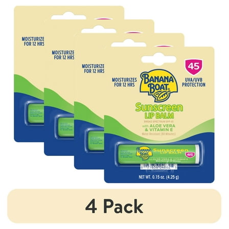 (4 pack) Banana Boat Lip Balm SPF 45, Travel Sunscreen Lip Balm, with Aloe Vera & Vitamin E, 1 Ct, 0.15 oz