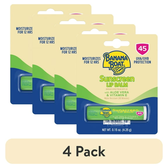 (4 pack) Banana Boat Lip Balm SPF 45, Travel Sunscreen Lip Balm, with Aloe Vera & Vitamin E, 1 Ct, 0.15 oz