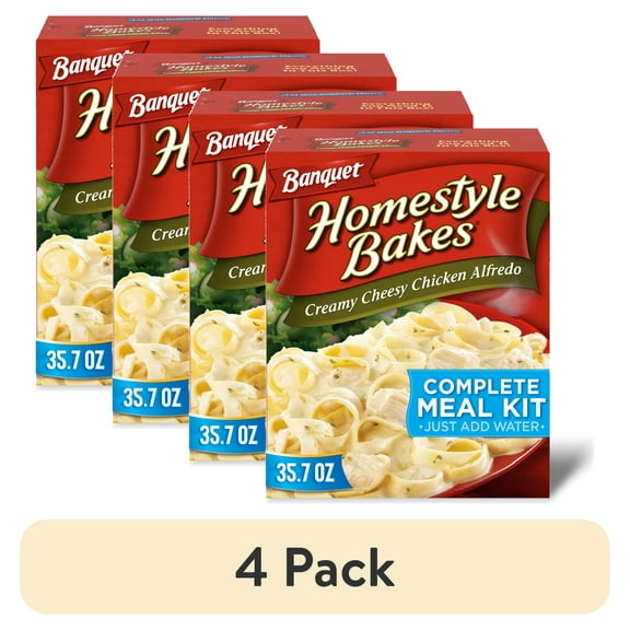 (4 pack) Banquet Homestyle Bakes Creamy Cheesy Chicken Alfredo, 13g Protein per Serving, Meal Kit, 35.7 oz.
