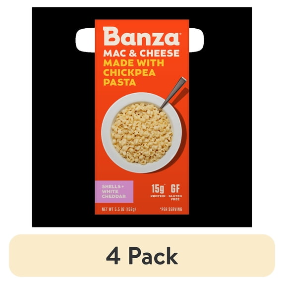 (4 pack) Banza Shells & White Cheddar Mac- High Protein, Gluten Free, Lower Carb Protein Mac and Cheese, 5.5oz