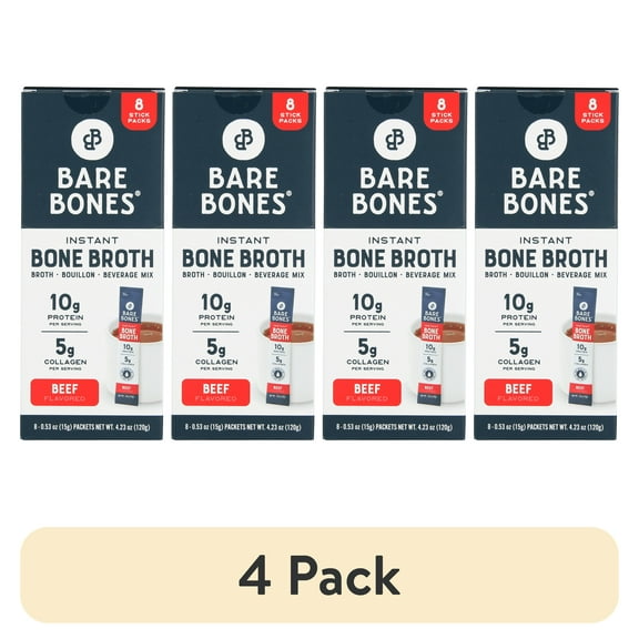 (4 pack) Bare Bones Instant Beef Bone Broth Sticks, 10G Protein, 4.23 oz, 8 Count