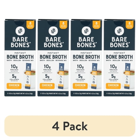 (4 pack) Bare Bones Instant Chicken Bone Broth Sticks, 10G Protein, 4.23 oz, 8 Count