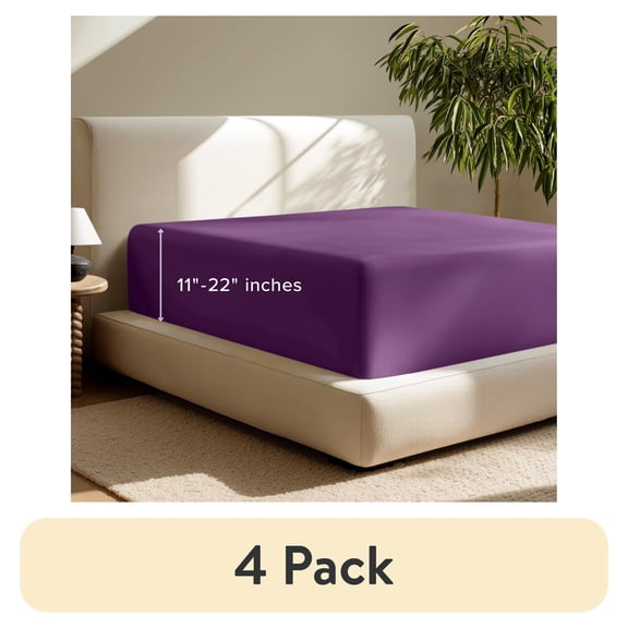 (4 pack) Bare Home Fitted Sheet - 22" Extra Deep Pocket - Premium 1800 Collection - King, Plum
