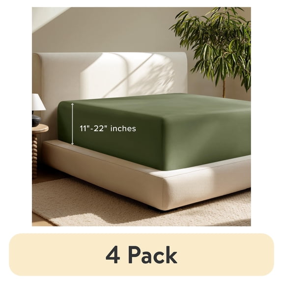 (4 pack) Bare Home Fitted Sheet - 22" Extra Deep Pocket - Premium 1800 Collection - Queen, Cypress