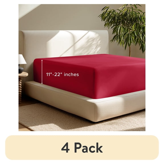 (4 pack) Bare Home Fitted Sheet - 22" Extra Deep Pocket - Premium 1800 Collection - Twin-XL, Red