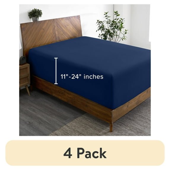(4 pack) Bare Home Fitted Sheet - 24" Extra Deep Pocket - Premium 1800 Collection - Queen, Dark Blue