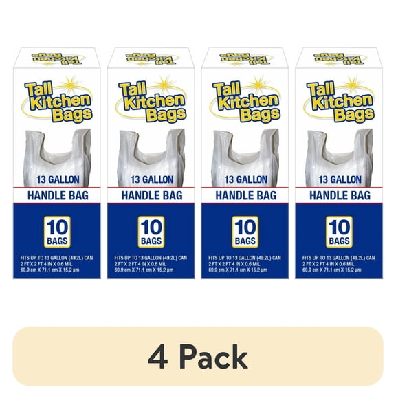 (4 pack) Basic Kitchen Trash Bags, 13 Gallon, Handle, 10 Bags