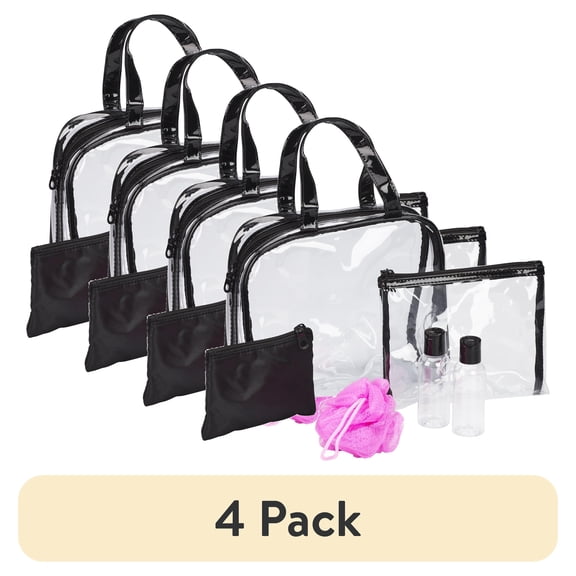 (4 pack) Conair 6-Piece Clear Travel Set, Weekender Bag with Pouches, Bottles & Loofah