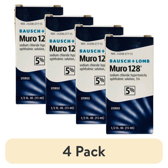 (4 pack) Muro 128 5% Sodium Chloride Hypertonicity Ophthalmic Solution, from Bausch + Lomb, 0.5 Fl Oz (15 mL)