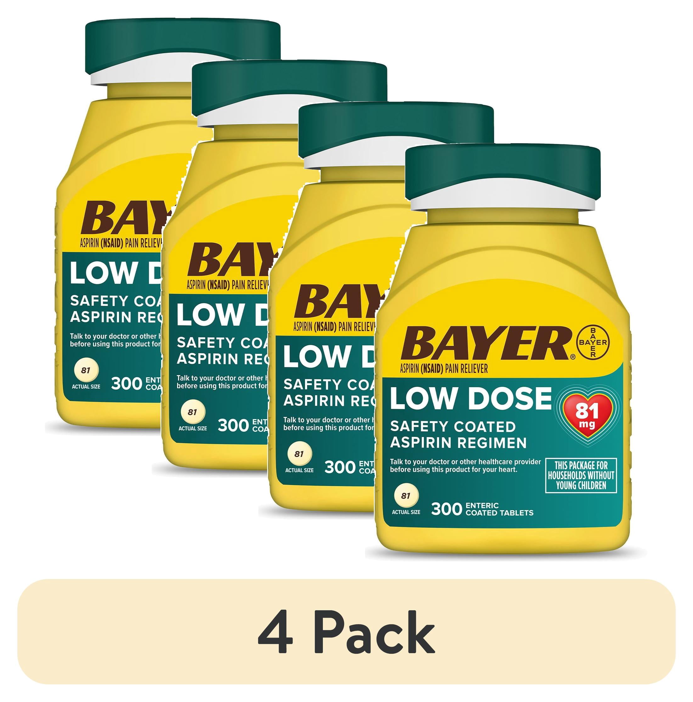 (4 pack) Bayer Aspirin, Low Dose, 81mg, Pain Reliever, Enteric Coated Tablets, 300 Count
