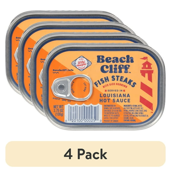 (4 pack) Beach Cliff Wild Caught Fish Steaks in Louisiana Hot Sauce, Gluten Free, 15g Protein per Serving, Bite Sized Herring, Shelf Stable Can, 3.75 oz