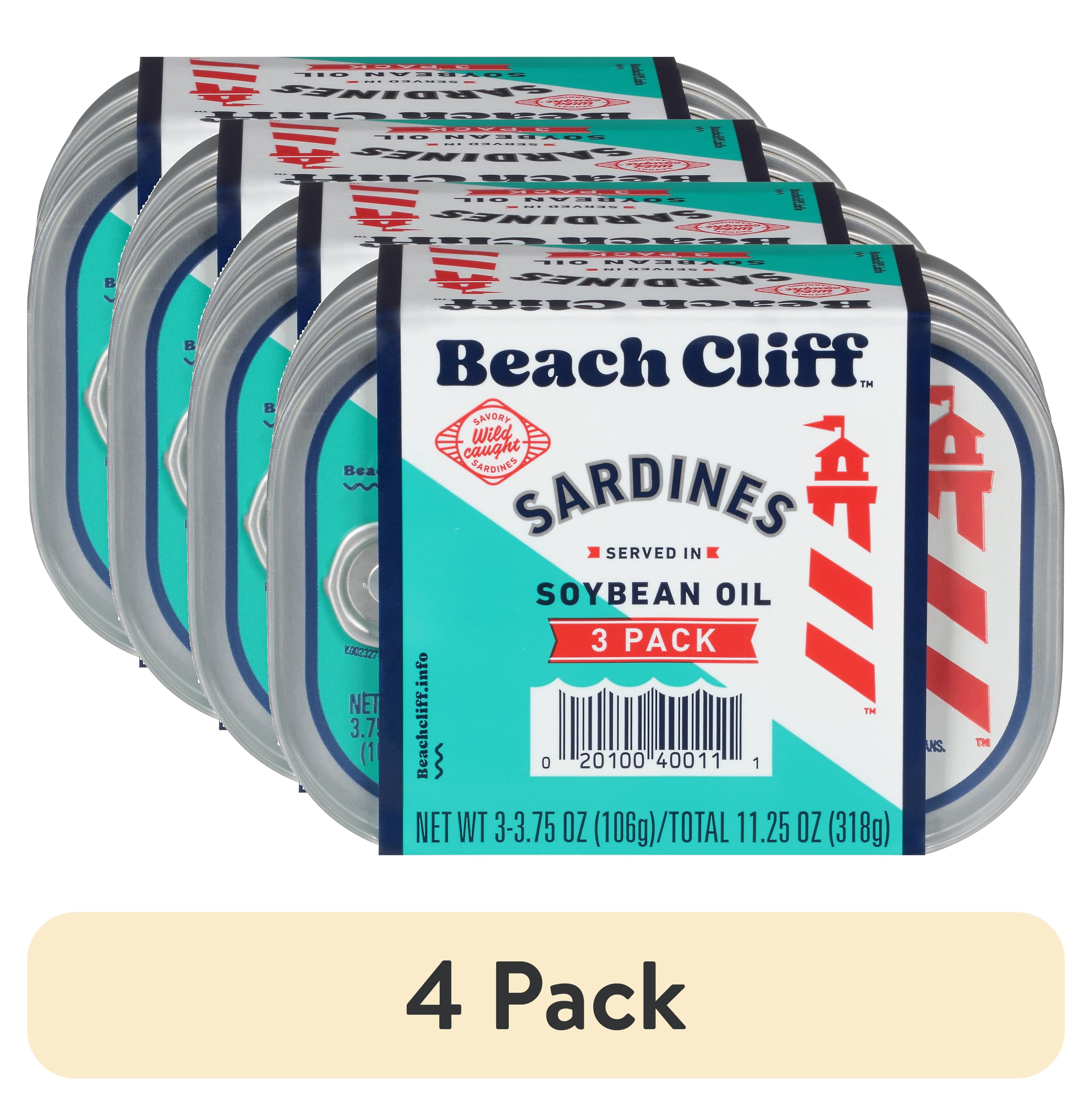 (4 pack) Beach Cliff Wild Caught Sardines in Soybean Oil, Gluten Free, 14g Protein Per Serving, Shelf Stable Tin Can, 3.75 oz (Pack of 3)
