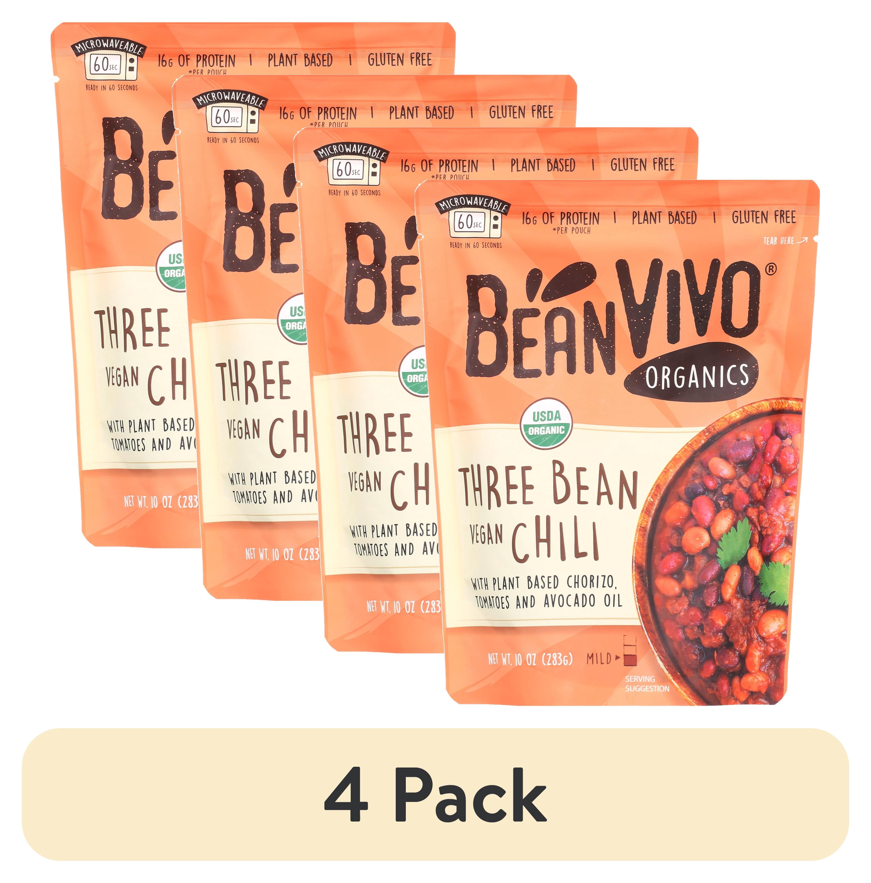 (4 pack) BeanVIVO Organics Three Bean Vegan Chili - Good Source of Fiber - Nutritious & Microwave Meals - Gluten-Free Plant Food - 10 oz Pouch