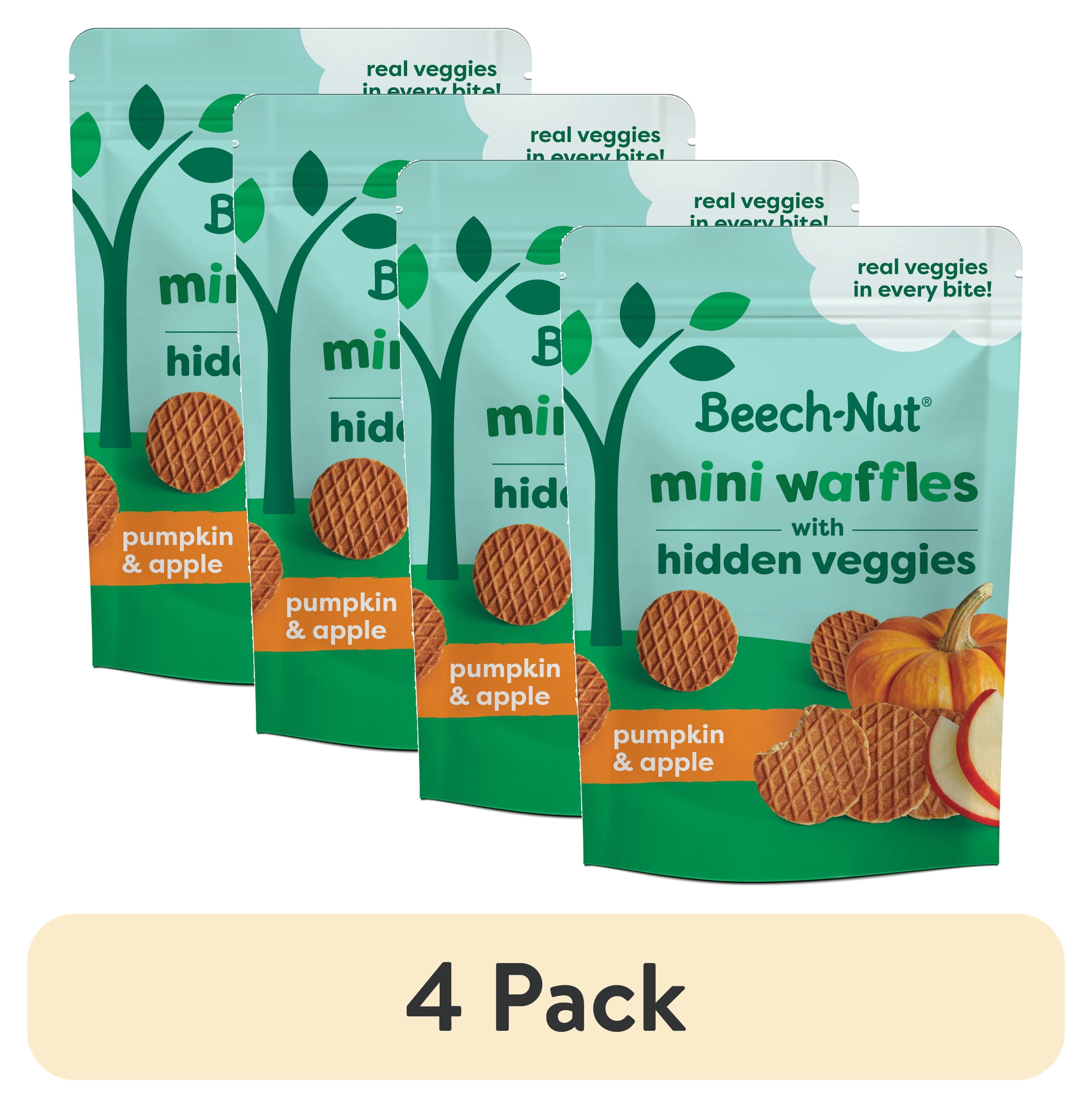 (4 pack) Beech-Nut Mini Waffles with Hidden Veggies Toddler Snack, Pumpkin Apple, 3.2 oz Bag