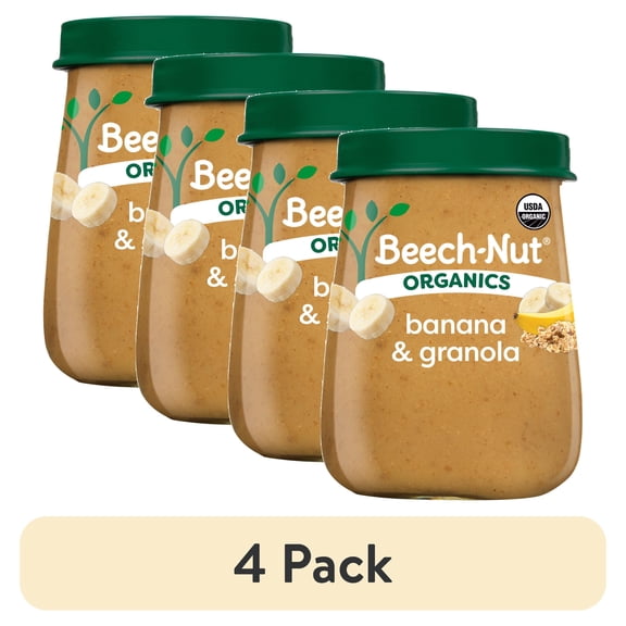 (4 pack) Beech-Nut Organics Stage 2 Organic Baby Food, Banana & Granola, 4 oz Jar