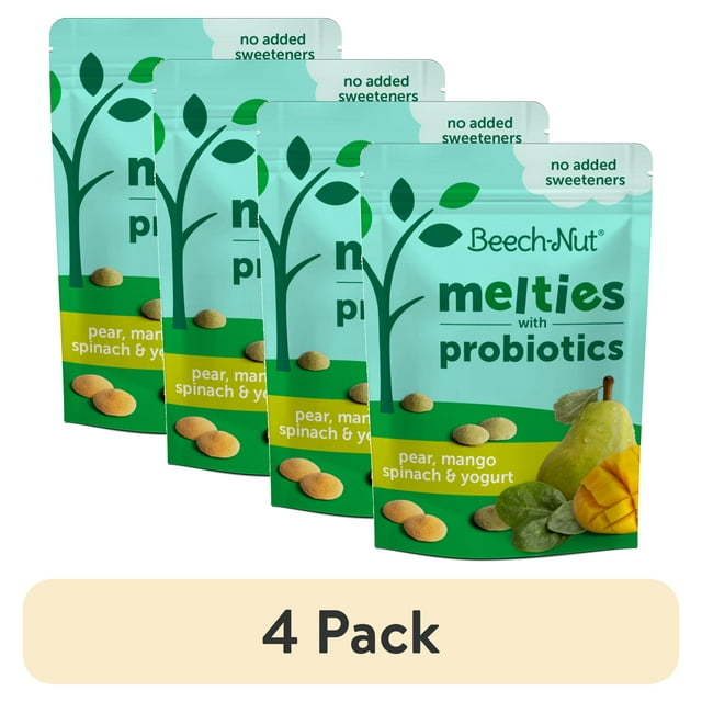 (4 pack) Beech-Nut Probiotic Melties Pear Mango Spinach Yogurt Melts Baby & Toddler Snack, 1oz Bag