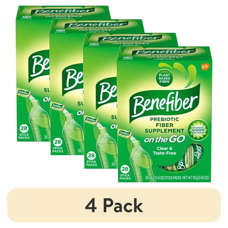 (4 pack) Benefiber On The Go Prebiotic Glp-1 Friendly Fiber Supplement Powder for Digestive Health, Unflavored Powder Stick Packs - 28 Sticks (3.92 Ounces)