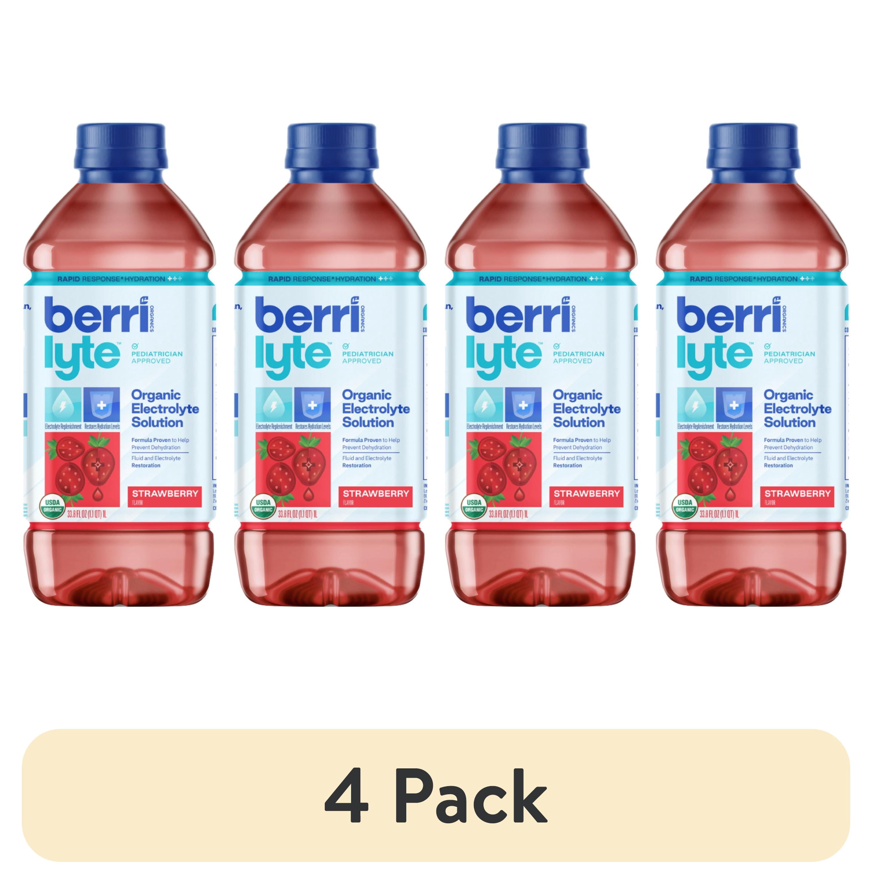(4 pack) Berri Lyte Organic Electrolyte Hydration Solution Drink, Strawberry, 1 Liter Bottle
