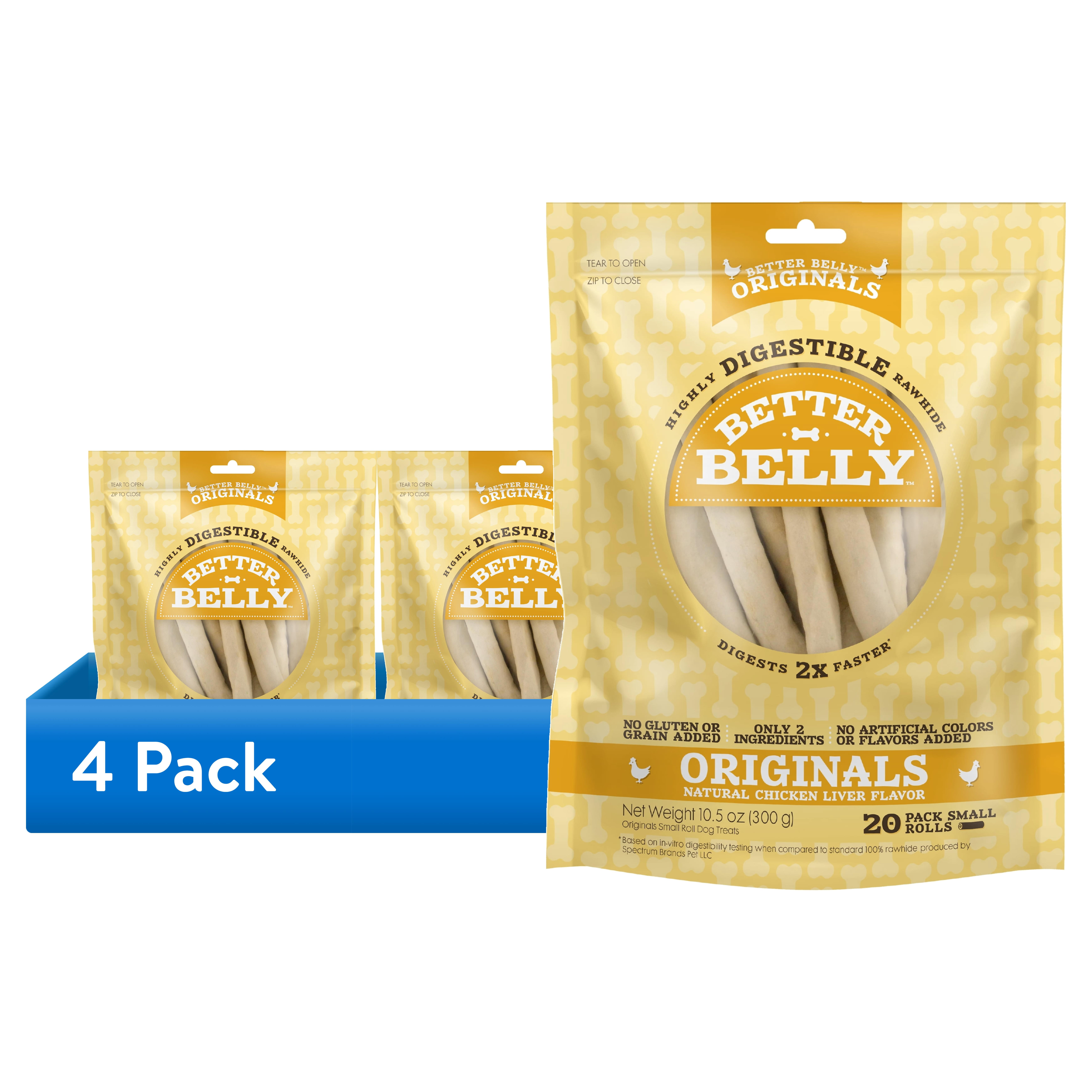 (4 pack) Better Belly Originals Real Chicken Liver Flavor Small Rolls Chew, Highly Digestible Dog Treat, 20 Count