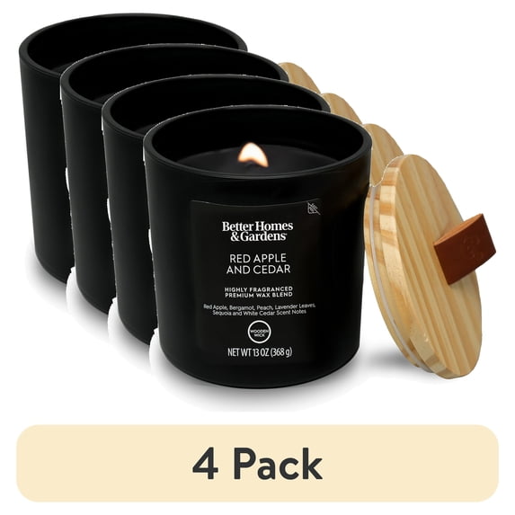 (4 pack) Better Homes & Gardens 13oz Red Apple Cedar Scented Wooden Wick Jar Candle