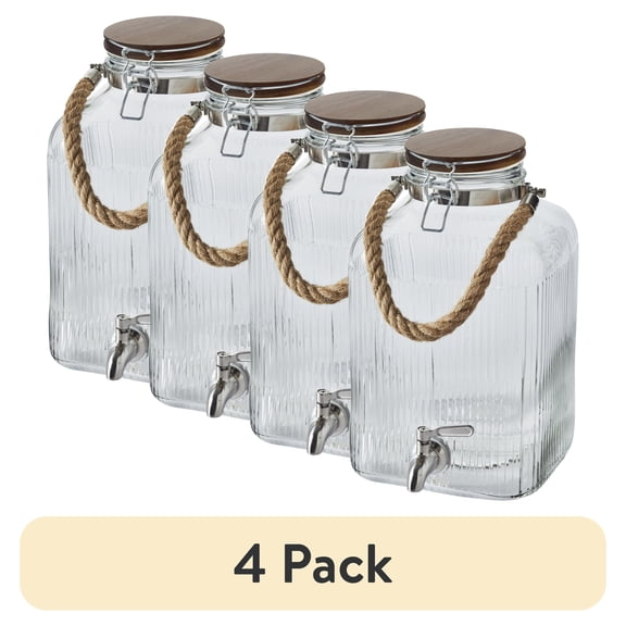 (4 pack) Better Homes & Gardens Eco Glass, Wood 2 gal Glass Lined 5-Compartment Beverage Dispensers
