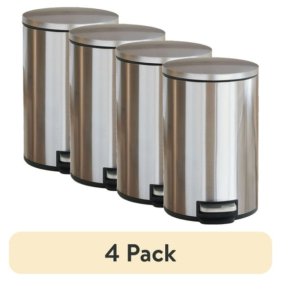 (4 pack) Better Homes & Gardens Stainless Steel Kitchen Trash Can, 3.1 Gallon, Soft Close Step On Lid Garbage Bin, Silver