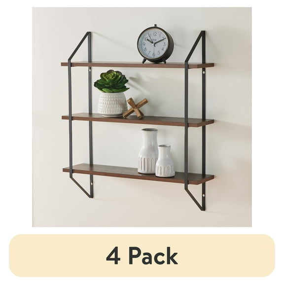 (4 pack) Better Homes & Gardens 3-Tier 20"W Wood Bracket Shelves, Walnut