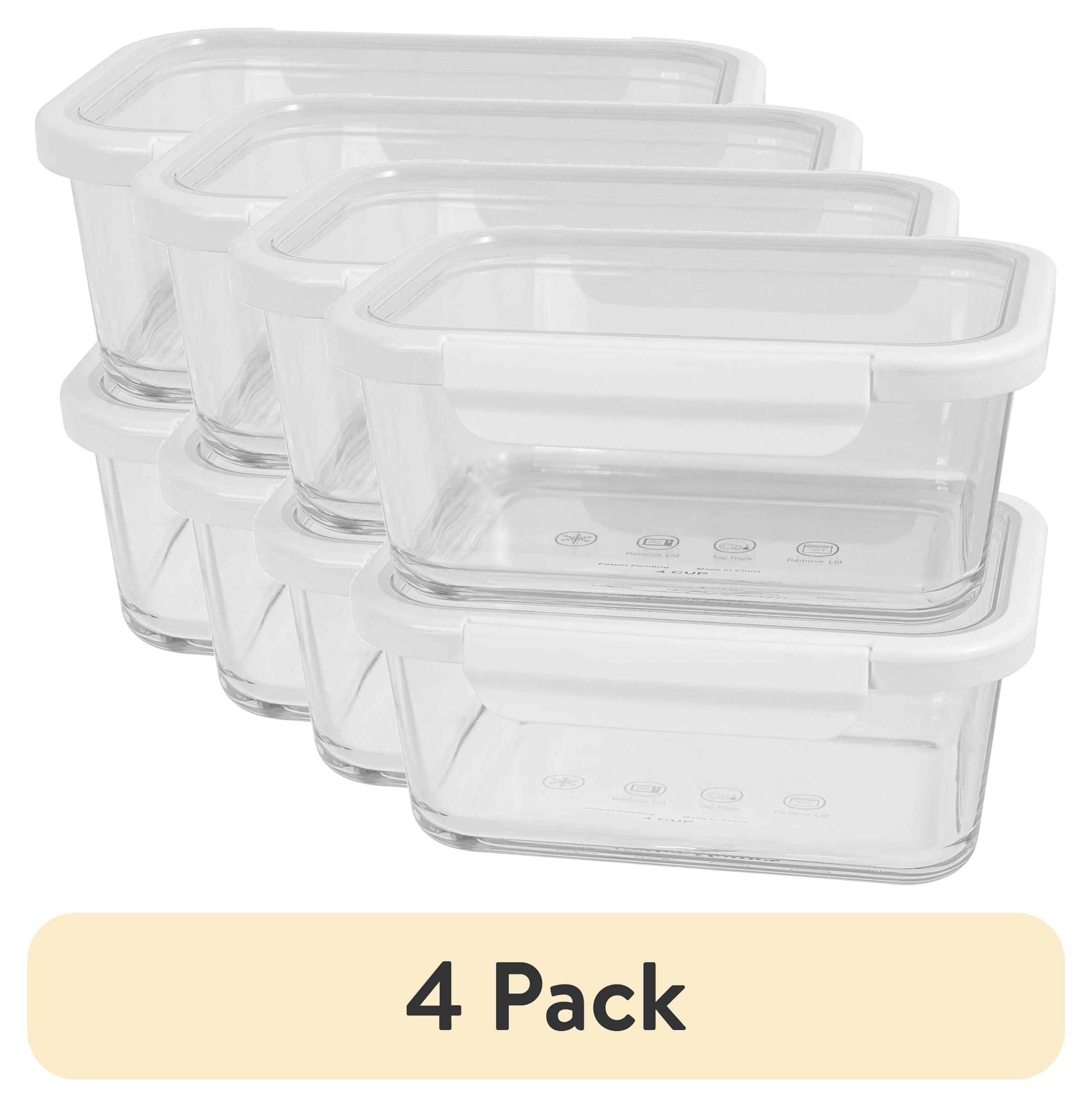 (4 pack) Better Homes & Gardens 4Cup Rectangle Glass Food Storage Container with Tritan Lid. Set of 2, 4 Pieces