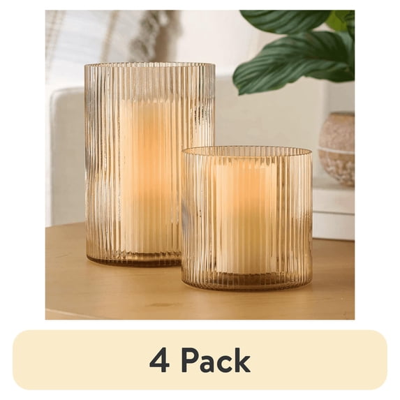 (4 pack) Better Homes & Gardens Amber Glass Ribbed Hurricane Candleholder, 8", Large