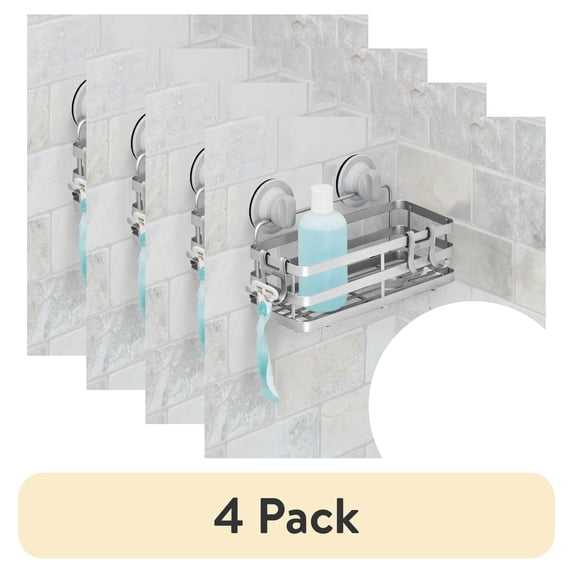 (4 pack) Better Homes & Gardens Adhesive or Suction Mount Shower Storage Basket, Satin Nickel