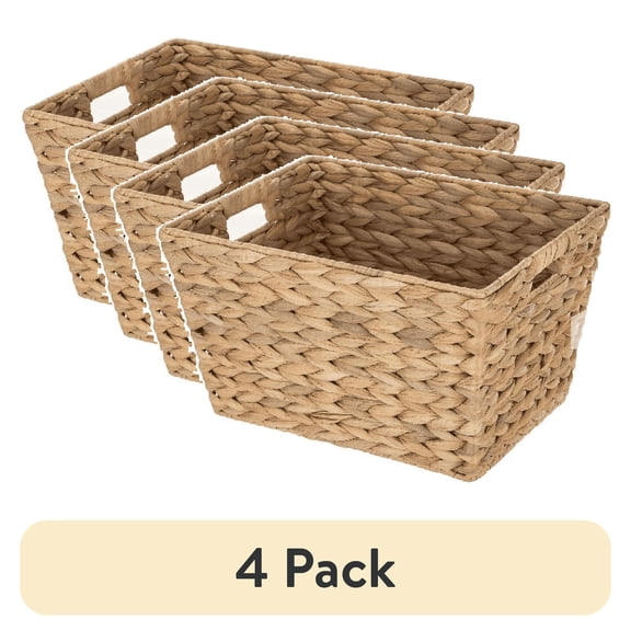 (6 pack) Better Homes & Gardens Large Water Hyacinth Decorative Storage Basket with Handles, 14 in x 11 in x 8.5 in