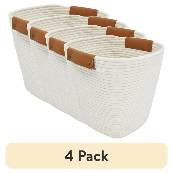 (4 pack) Better Homes & Gardens Medium White Cotton Rope Decorative Storage Basket, 11 in x 11 in