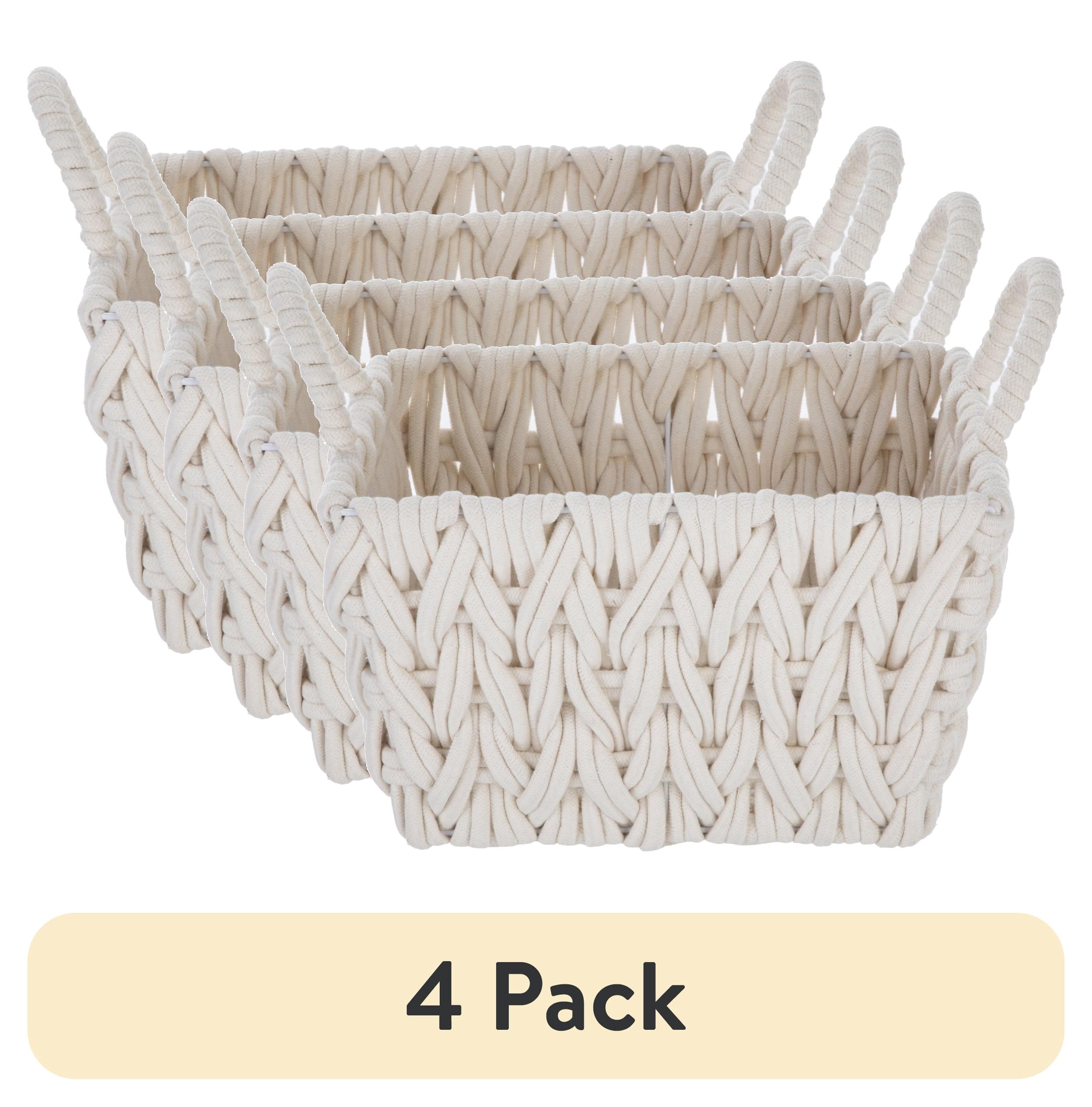 (4 pack) Better Homes & Gardens Medium White Woven Rope Decorative Storage Basket with Handles, 14.3 in x 11 in x 9 in