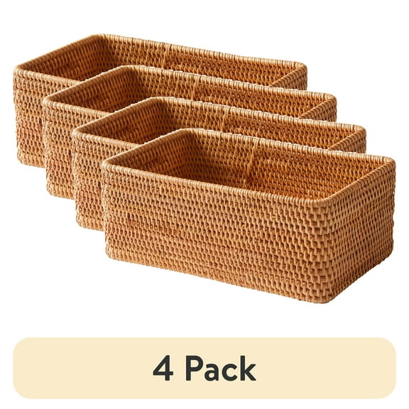 (4 pack) Better Homes & Gardens Honey Brown Rattan Bathroom Toiletry Storage Organizer Basket