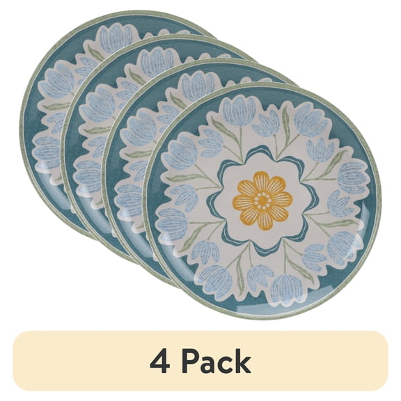 (4 pack) Better Homes and Gardens 10.75-Inch Bamboo Melamine Dinner Plate with Green Floral Design