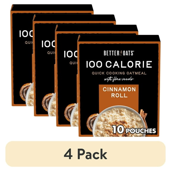 (4 pack) Better Oats 100 Calorie Cinnamon Roll Oatmeal with Flax Seeds, 10 Instant Oatmeal Packets, 9.8 oz Pack