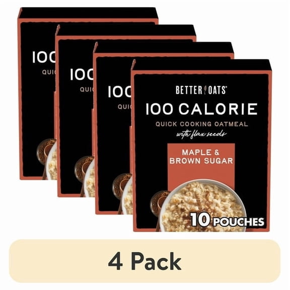 (4 pack) Better Oats 100 Calorie Maple and Brown Sugar Oatmeal with Flax Seeds, 10 Instant Oatmeal Packets, 9.8 oz Pack