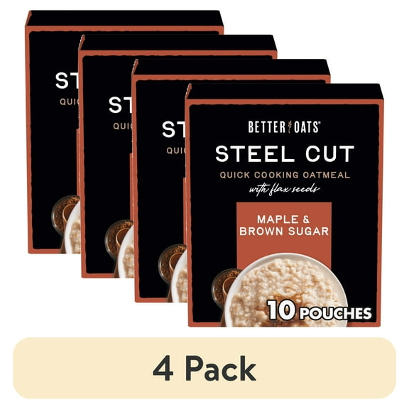 (4 pack) Better Oats Maple & Brown Sugar, Instant, Steel Cut Oatmeal, Hearty 10 Packets, 15.1 oz Box