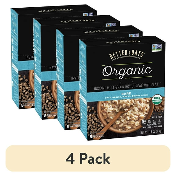 (4 pack) Better Oats Organic Bare Instant Multigrain Hot Cereal with Flax 8 ct Box RED17