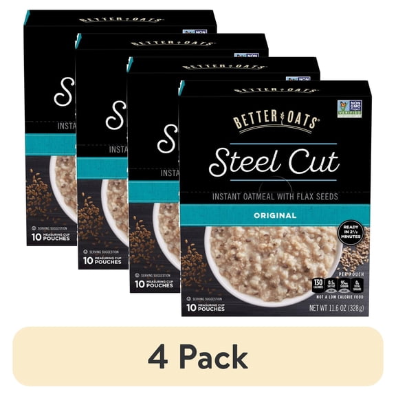(4 pack) Better Oats Steel Cut Classic Instant Oatmeal With Flax 10 Ct Box, Fruit, 11.6 Ounce