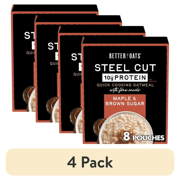 (4 pack) Better Oats Steel Cut Protein Oatmeal with Flax Seeds, 8 Instant Maple and Brown Sugar Oatmeal Packets, 12.7 oz Pack