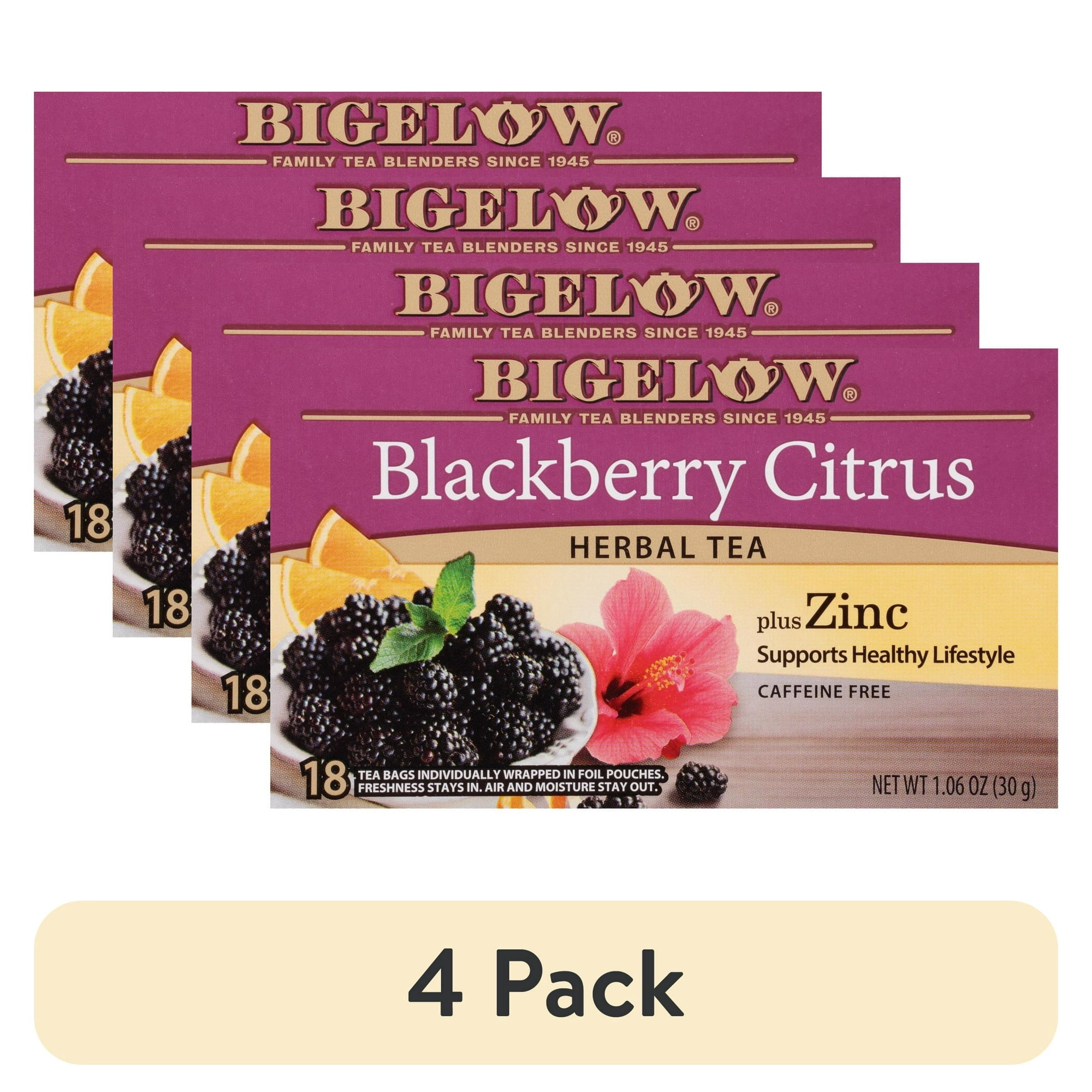 (4 pack) (4 pack) Bigelow Blackberry Citrus Plus Zinc, Caffeine-Free Herbal Tea Bags, 18 Count