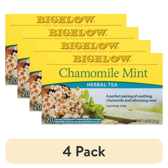 (4 pack) Bigelow Chamomile Mint, Caffeine Free, Herbal Tea Bags, 20 Count