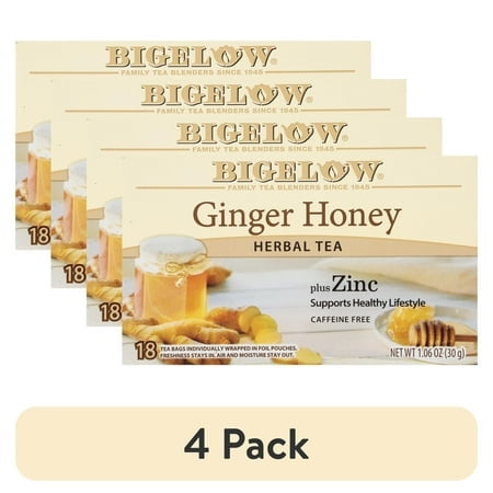 (4 pack) Bigelow Ginger Honey Plus Zinc, Caffeine Free, Herbal Tea Bags, 18 Count