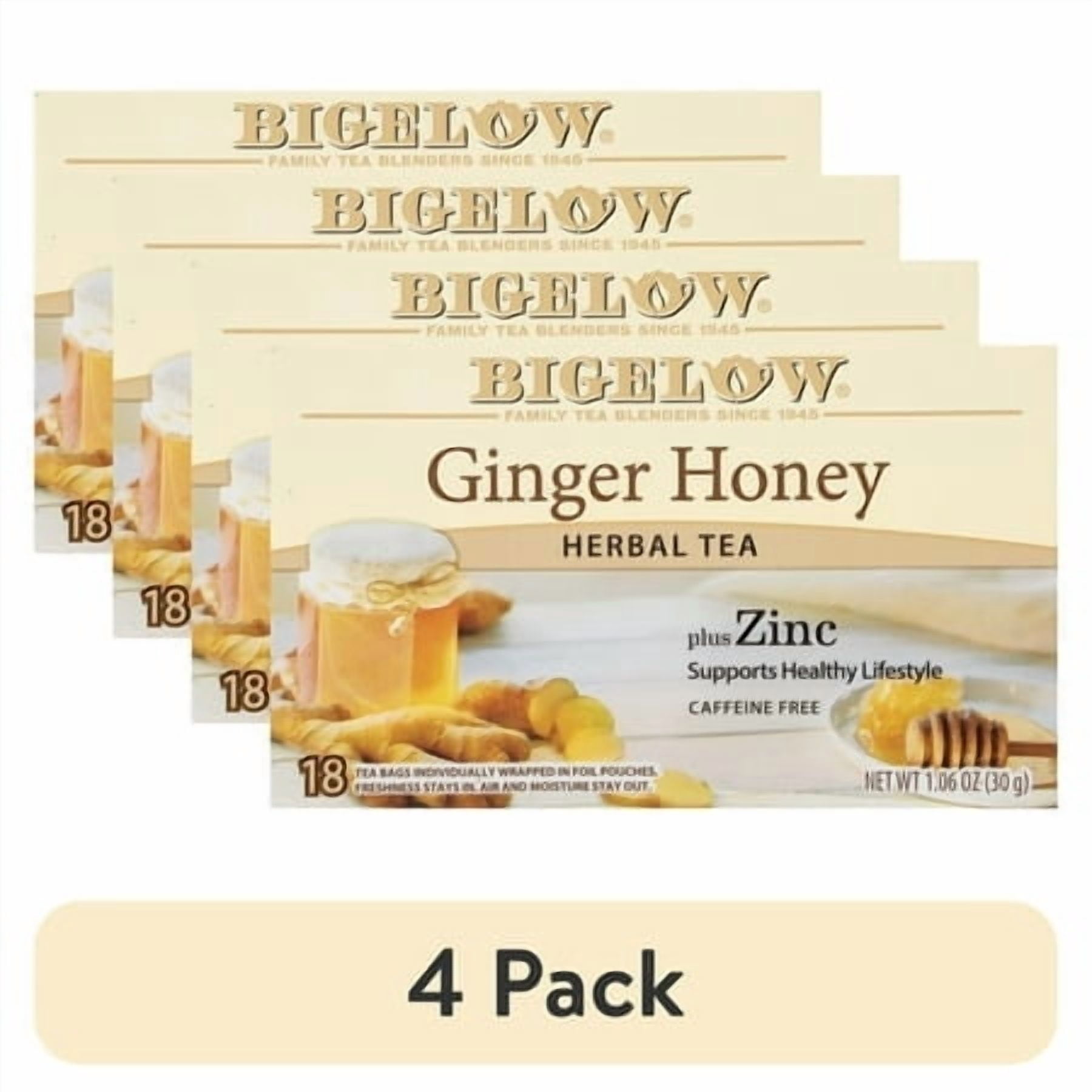 (4 pack) Bigelow Ginger Honey Plus Zinc, Caffeine Free, Herbal Tea Bags, 18 Count